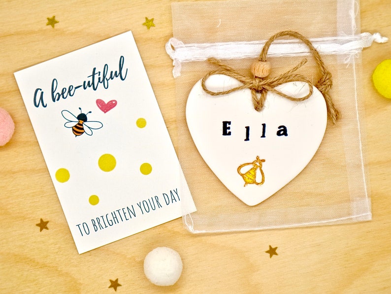 Personalised Bee Decoration, Clay Hanging Heart, Keepsake Gift, Positivity Gift, Bee Birthday Gift, Bee Girl by janeBprints image 10