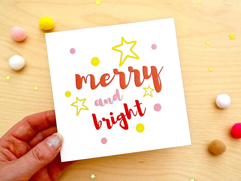 Merry and Bright Christmas Card, Colourful Christmas Card, Star Xmas Cards, Set of 3 Christmas Cards by janeBprints image 1