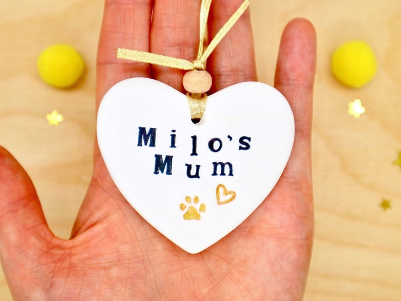 Personalised Dog Mum Gift, Best Dog Mum, Best Cat Mum, New Dog Gift, Clay Hanging Heart Decoration, Pet Mother's Day Ornament by janeBprints image 1
