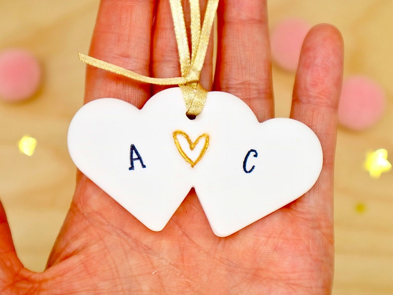 Personalised Couples Initials Gift, Clay Hanging Heart Decoration, Romantic Gift For Couple, Engagement Heart, Love Token by janeBprints afbeelding 3