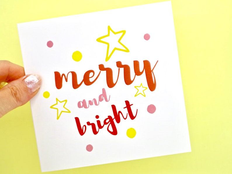 Merry and Bright Christmas Card, Colourful Christmas Card, Star Xmas Cards, Set of 3 Christmas Cards by janeBprints image 2