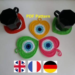 Patrón de posavasos de corazón de crochet, ojo malvado de doble cara (patrón PDF)