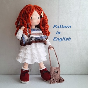 Crochet PATTERN for Doll Monika, Amigurumi Doll, Pattern includes: DOLL base with hair, removable Clothes.