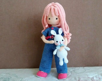 Crochet Pattern for Doll Sophia with Clothes, Amigurumi doll pattern with Outfit and a small Bunny, PDF pattern in English
