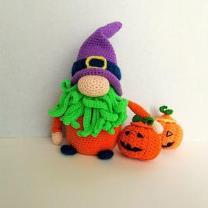 Gehaakt PATROON voor Halloween-kabouter, gehaakte kabouter en kleine pompoen, amigurumi-kabouter en pompoen