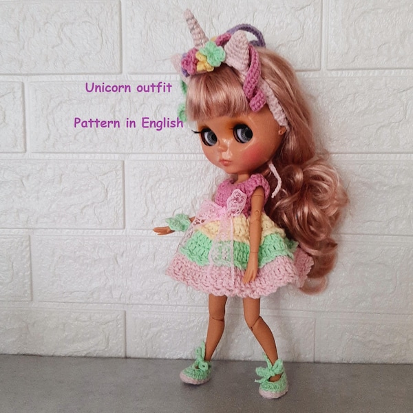 Crochet Pattern, Unicorn Outfit for Neo Blythe Doll 29cm, Blythe dress, Shoes, Headband