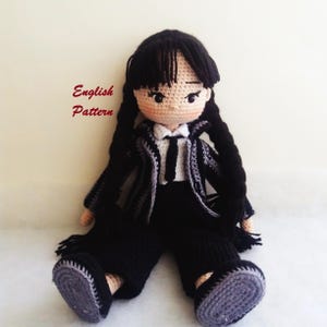 Crochet Pattern for Doll in Wednesday clothes, Crochet pattern for doll with outfit, Amigurumi doll pattern