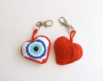 PATTERN for Crochet Heart keychain for Valentine’s Day, crochet Pattern for heart with Evil Eye, PDF in English, amigurumi Heart pattern