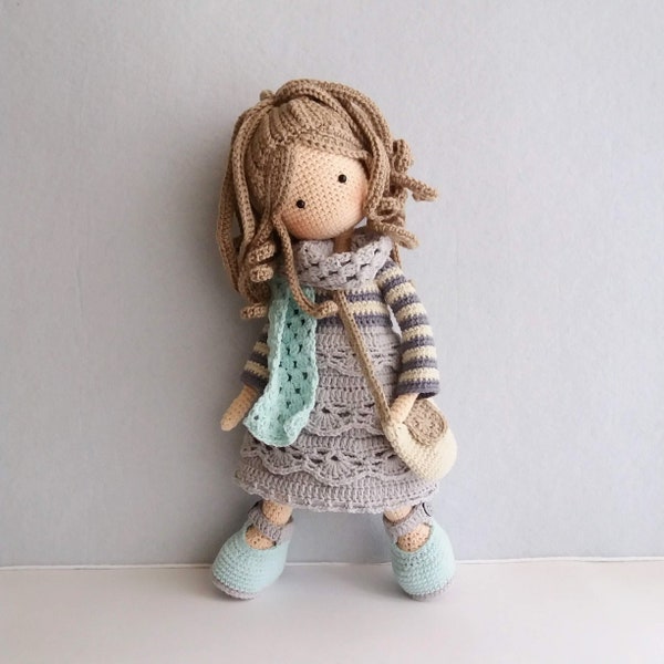 Crochet PATTERN for Doll Mia, Amigurumi Doll,PDF pattern in English, Pattern includes: DOLL base with hair,dress,granny scarf,shoes,handbag.