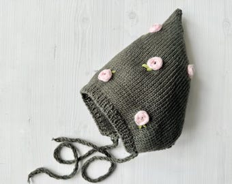 Boné de tricô para bebê recém-nascido, bordado, rosa, cáqui, lã merino, pixie, verde, jardim, presente, chapéu para crianças, pano para meninas