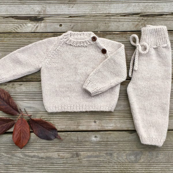Beige Baby outfit Boy Girl Wool sweater pants Unisex clothing set Newborn gift All in one Toddler pullover Knit kids jumper leggings