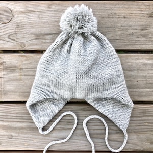Chapéu cinza de duas camadas para bebê de inverno com abas de orelha pom pom amarra corda de lã Merino tricotado para crianças capacete unissex recém-nascido menina menino boné bilateral