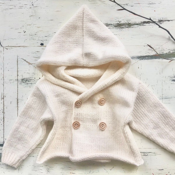 Hood Unisex Baby boy girl cardigan Natural Mako cotton Boho style Knit clothes Buttons Newborn gift Unisex kids infant toddler Premature