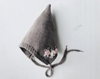 Boné de lã merino bordado rosa marrom pixie para bebê recém-nascido, tricô, estampa floral, presente de jardim, chapéu infantil, boné, menina, gravatas de pano, acessório para fotos