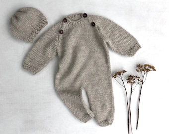 Unisex Newborn baby overall hat Beige merino Virgin wool girl boy Natural Boho infant toddler jumpsuit Outfit clothes Set Gift Knit