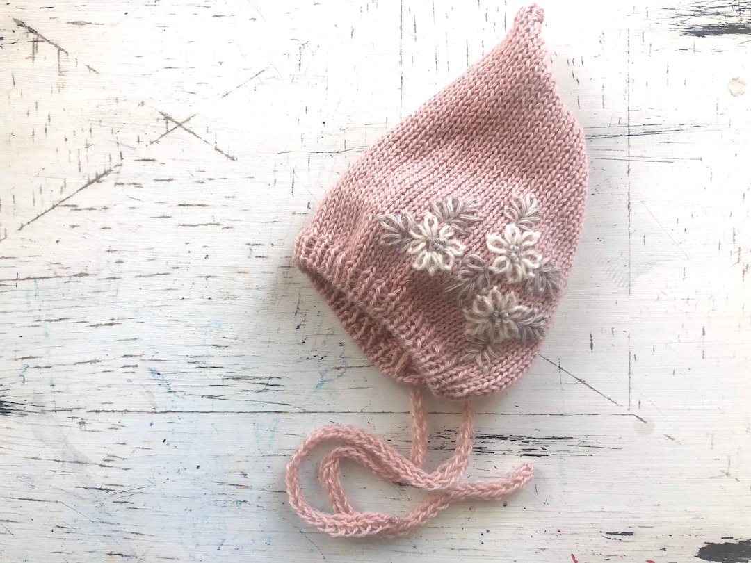 Flower Embroidery Pixie Alpaca Merino Baby Girl Knit Wool Kid Infant Embroidered Hat