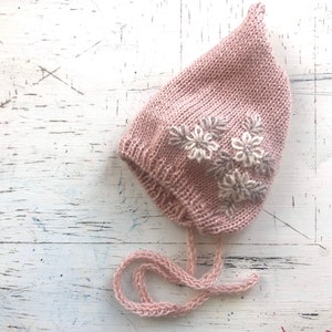 Flower Embroidery pixie bonnet alpaca merino baby girl Knit wool kid infant Embroidered hat Preemie String ties Newborn Photo clothes Shower