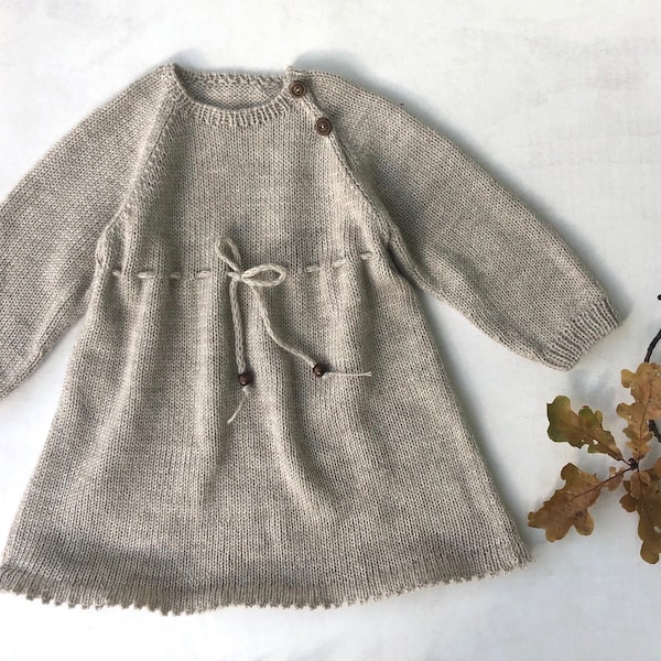 Merino wool knit kids dress Beige Baby girl Birthday Newborn gift Boho clothes outfit Grey Infant Party dress