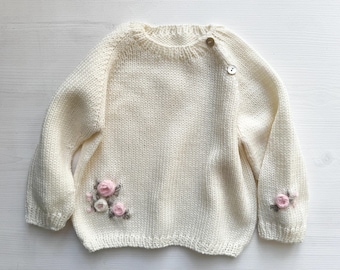 Suéter de lã raglan bordado com rosas para bebês meninas, roupa boho merino para recém-nascidos, pulôver infantil para bebês e crianças pequenas, flor branca para prematuros