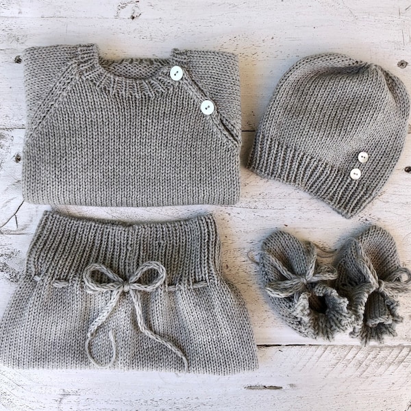 Newborn baby clothing set Grey knit Merino wool Pearl buttons Toddler girl boy Diaper nappy cover Newborn baby outfit Kids infant romper