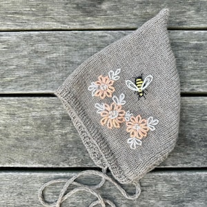 Newborn Flower Bee Embroidery pixie bonnet alpaca merino baby girl Knit wool kid infant Embroidered hat String ties Photo clothes Shower