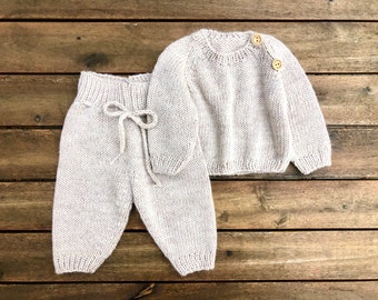 Virgin wool Beige Baby outfit Pure merino Boy Girl sweater pants Unisex clothing set newborn gift Toddler pullover Knit kids jumper leggings