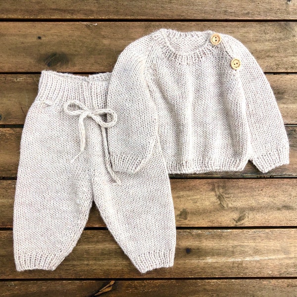 Beige Unisex Kindersatz Pulli und Hosen Junge Mädchen Baby Alpaka Wolle Grau