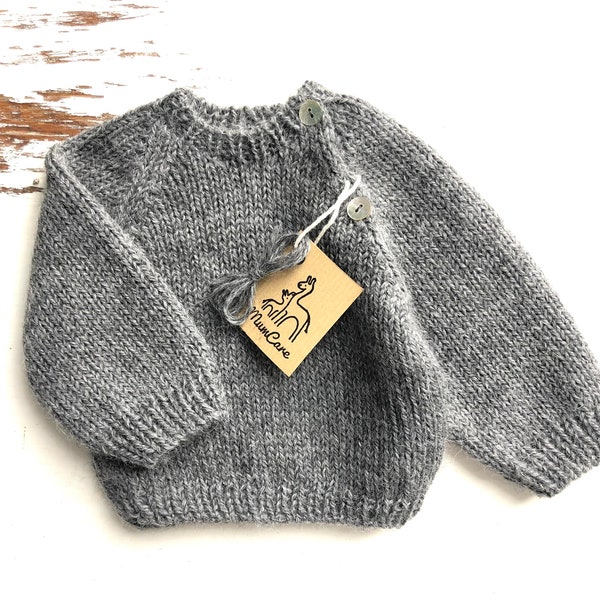 Grey knit wool baby Raglan sweater Boho Merino clothes Newborn jumper Boy girl unisex kids infant toddler pullover Winter Preemie