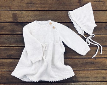 Baptism white baby set dress bonnet Girl gift Alpaca Merino Newborn Knit wool kids clothes Infant