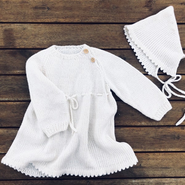 Baptism white baby set dress bonnet Girl gift Alpaca Merino Newborn Knit wool kids clothes Infant