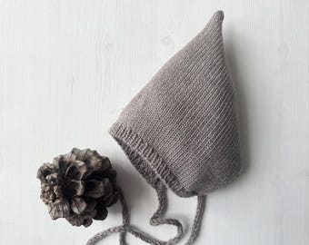 Newborn baby merino boy girl pixie bonnet Brown Knit wool kids infant hat Preemie String ties Gift Photo baby clothes Shower