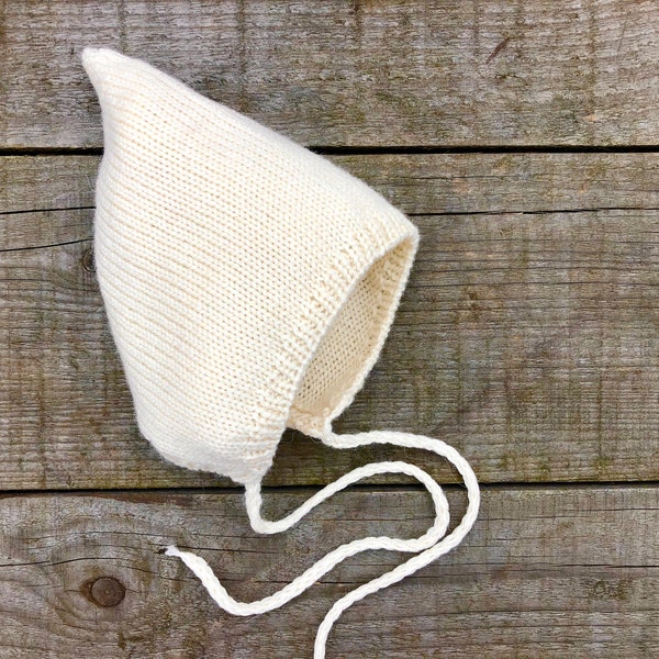 White alpaca merino baby girl pixie bonnet Knit wool kidS Spring infant hat Preemie String ties Newborn baby girl Photo baby clothes Shower