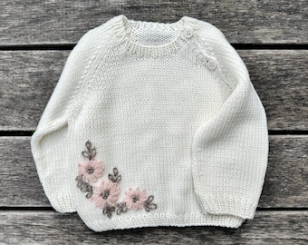 Suéter de lã raglan bordado para bebês meninas, estilo boho merino, roupa para recém-nascidos, pulôver infantil para bebês, pulôver branco com flores para prematuros