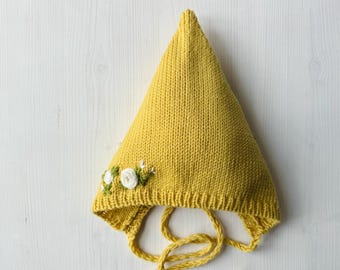 Boné de lã merino bordado rosa amarelo pixie para bebê recém-nascido, gorro de malha com estampa de flores, presente de jardim, chapéu infantil, gravatas de pano para meninas