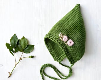 Boné de lã merino bordado rosa verde pixie para bebê recém-nascido, tricô, estampa floral, presente de jardim, chapéu infantil, boné, gravata de pano para meninas, acessório para fotos