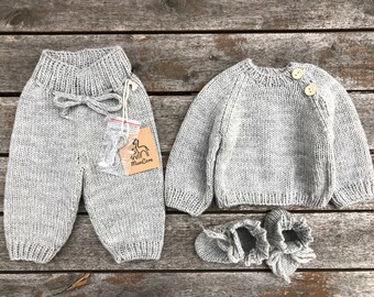 Conjunto de roupa para recém-nascido em malha de lã merino, unissex.