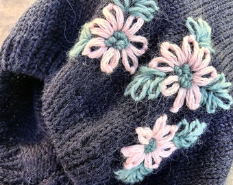 Bordado de flores pixie bonnet alpaca merino bebê menina malha lã criança infantil chapéu bordado preemie corda laços recém-nascidos foto roupas chuveiro