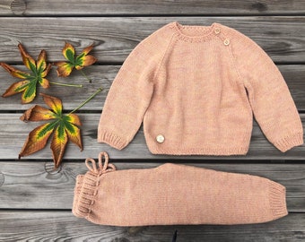 Baby outfit Alpaca Orange Boy Girl Wool sweater pants Unisex clothing set Newborn gift All in one Toddler pullover Knit kids jumper leggings