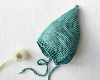 Touca de bebê turquesa Pixie de algodão de verão, tricô, adereço para fotos infantil, feito à mão, recém-nascido, unissex, menina, menino, chapéu, pano