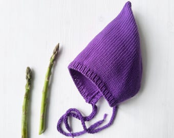 Touca de tricô unissex em lã merino violeta, modelo Pixie, para recém-nascidos, com estampa de floresta verde, ideal para presentear crianças.