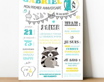 Affiche personnalisée pour décoration anniversaire 1 an bébé - modèle Raton laveur