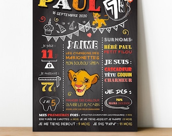 Personalized poster for birthday decoration 1 year baby or more - Simba Lion King model
