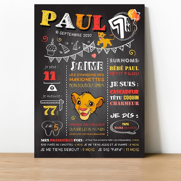 Affiche personnalisée pour décoration anniversaire 1 an bébé ou plus - modèle Simba Roi Lion