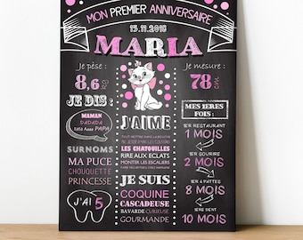 Affiche personnalisée pour décoration anniversaire 1 an bébé - Modèle Marie Aristochat