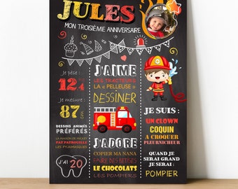 Affiche personnalisée pour décoration anniversaire 1 an bébé et enfant - modèle pompier