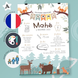 Póster personalizado para decoración de cumpleaños de bebé o niño de 1 año - modelo animal de la naturaleza ciervo del bosque - oso - zorro - ardilla - conejo