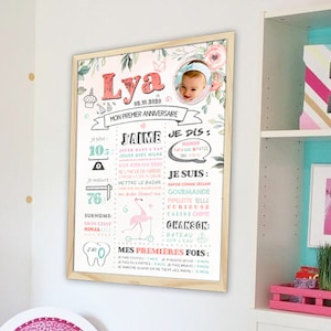 Póster personalizado para decoración de cumpleaños de bebé o niño de 1 año - modelo floral sobre fondo blanco