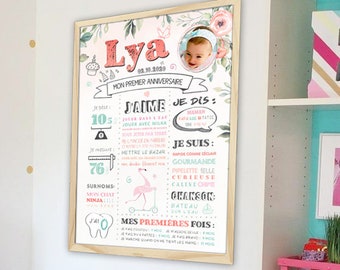 Affiche personnalisée pour décoration anniversaire 1 an bébé ou enfant - modèle floral sur fond blanc