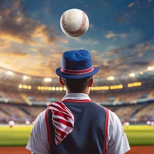 Peut inclure: Une personne portant un chapeau bleu et rouge avec une bande blanche, une écharpe rayée rouge, blanche et bleue, et un gilet bleu marine, debout dans un stade de baseball avec un ballon de baseball en l'air au-dessus de sa tête.