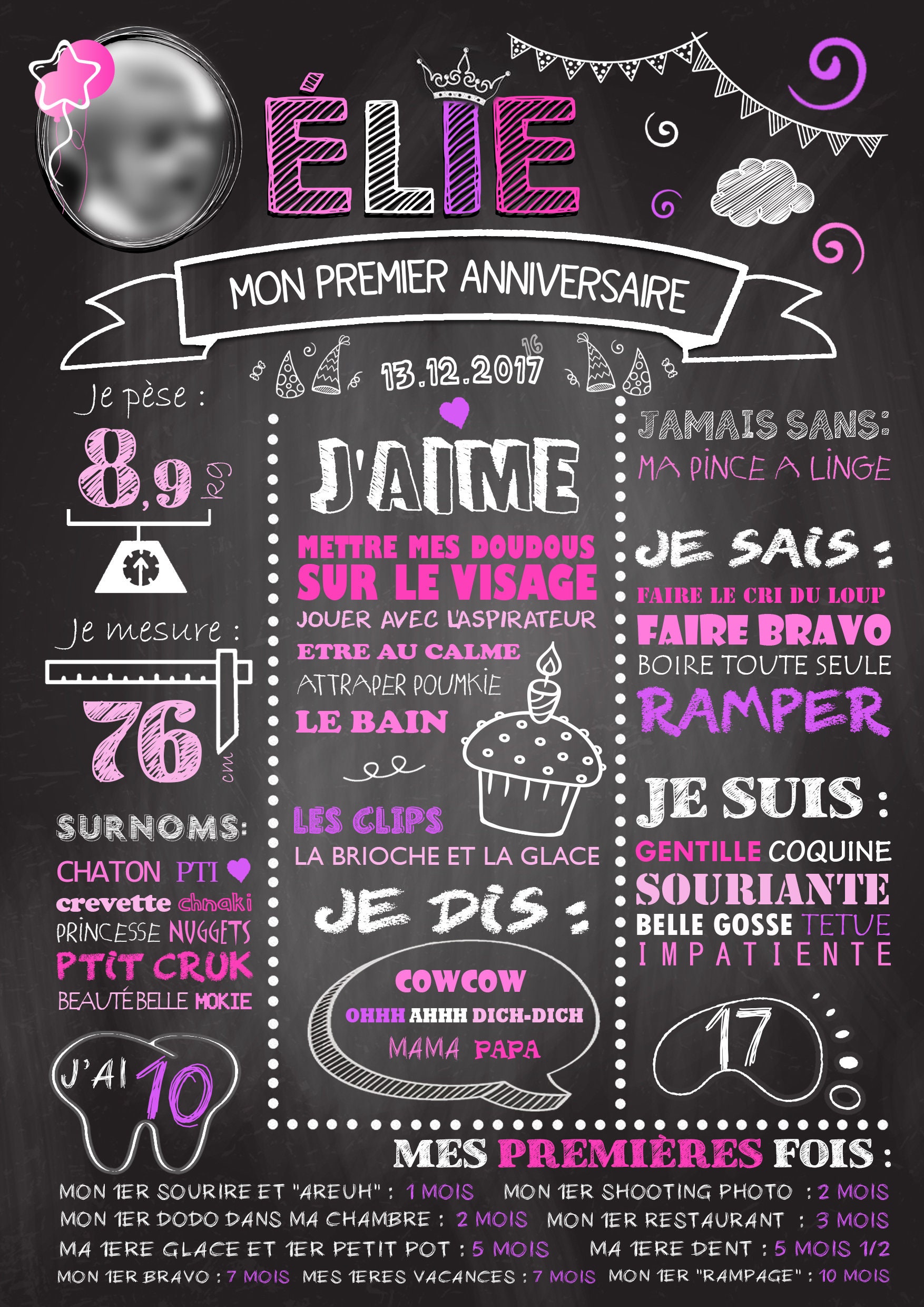 Poster Panels Chalkboard Souvenir Birthday 1 Year Baby Etsy Canada